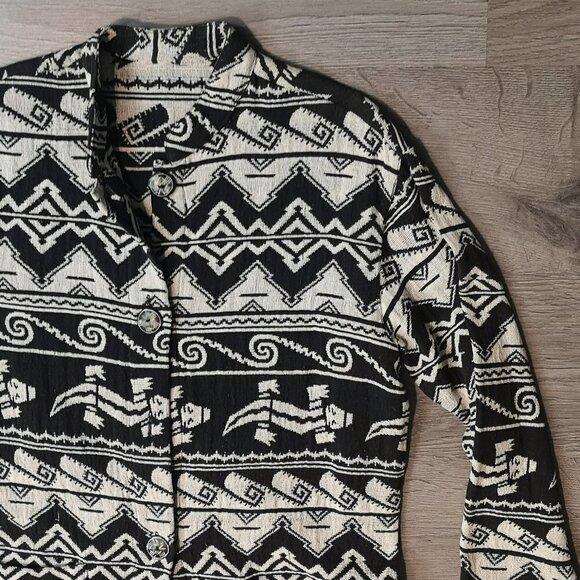 80s Vintage Black/Grey Mandarin Collar Aztec Pattern Cotton Woven Jacket - Picture 8 of 14